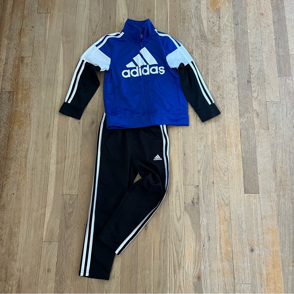 Kids black and blue adidas track suit set